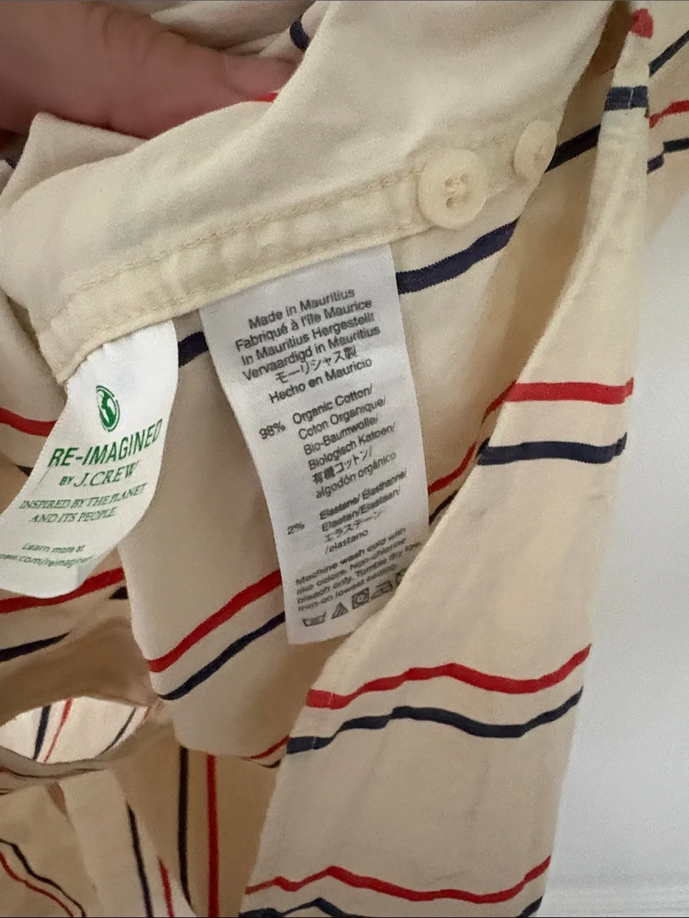 J. Crew Cream Short-Sleeve Button-Down with Red & Navy Stripes Organic Cotton